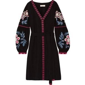 Tory Burch Therese Black Embroidered Cotton Belted Shift Dress 6 Boho‎ Designer
